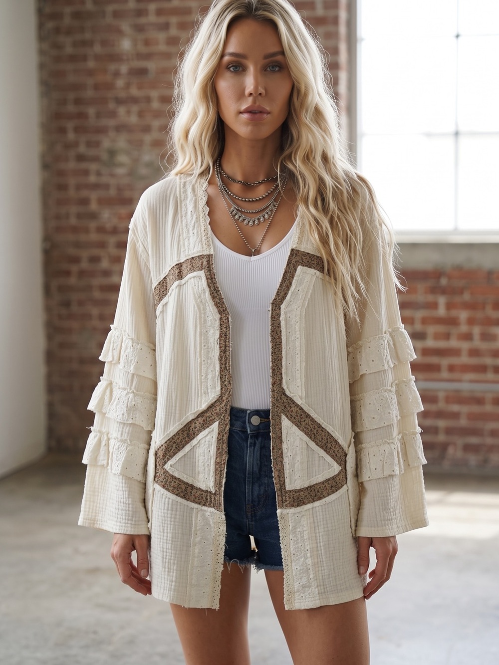 NWT POL Peace Patchwork Boho Ruffle Crochet Eyelet Open Cardigan - Picture 3 of 11